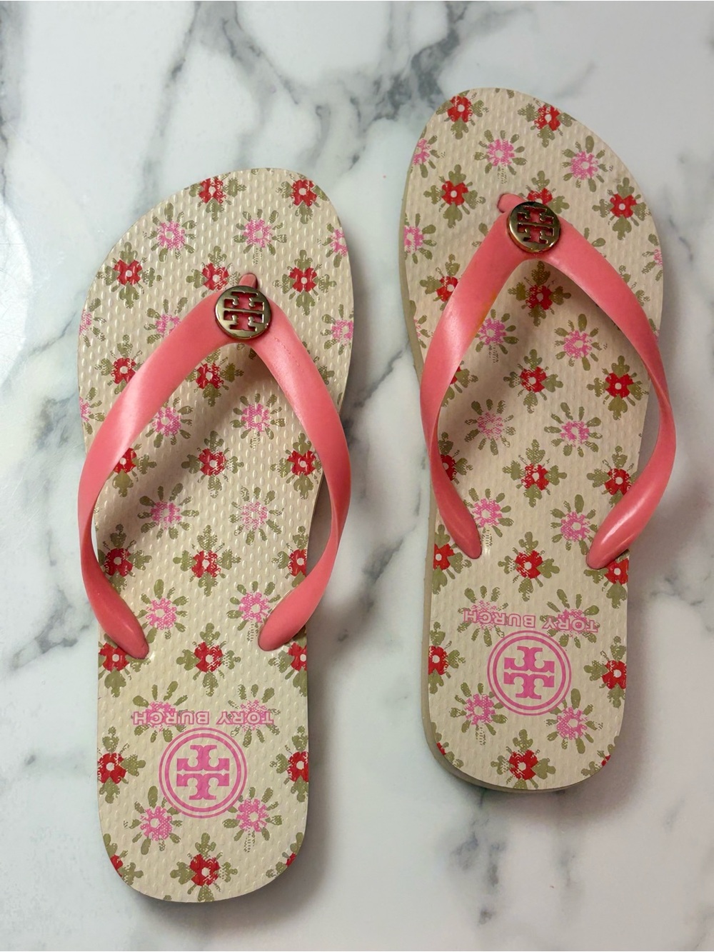 Tory Burch Pink Floral Logo Flip Flop Sandals